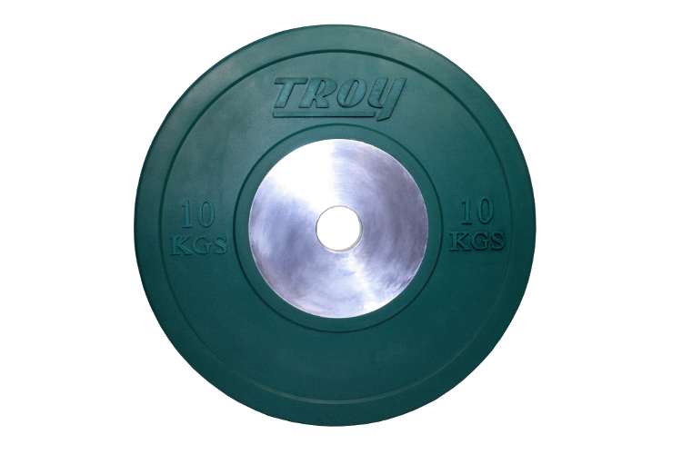 Green 10kg Troy Barbell Competition Bumper Plate with metal center, top view on white background.
