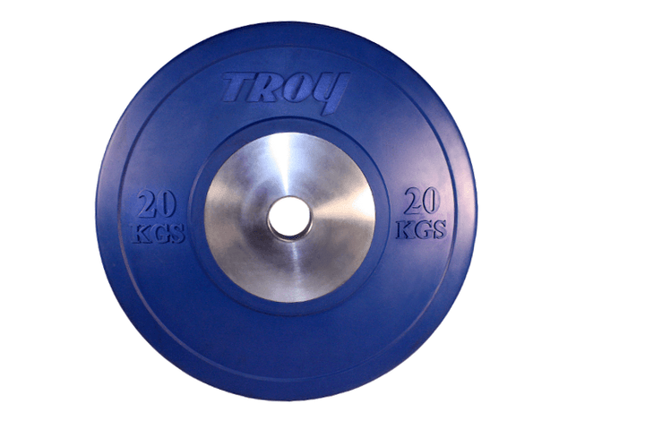 The Troy Barbell Competition Bumper Plate is a 20 kg blue plate with metal center, ideal for Olympic lifters.