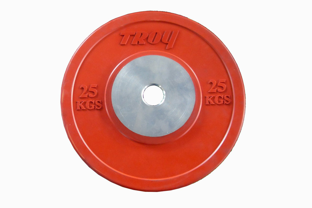 Red 25kg Troy Barbell Competition Bumper Plate by Troy Barbell, ideal for Olympic lifters, top view shown.