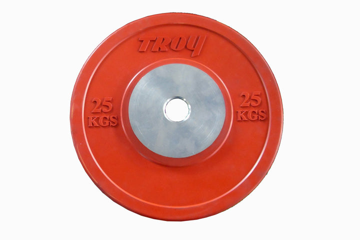 Red 25kg Troy Barbell Competition Bumper Plate by Troy Barbell, ideal for Olympic lifters, top view shown.