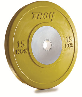 15 kg Yellow Troy Barbell Competition Bumper Plate with silver center ring, perfect for Olympic lifts.