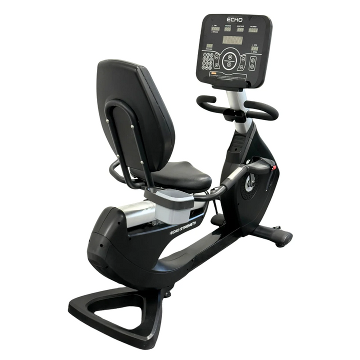 The Echo Kodiak Echo 02003 is a black recumbent bike with digital display and cushioned seat for low-impact cardio.