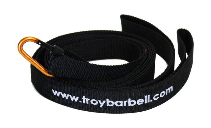 Black strap with orange carabiner for Troy VTX Push/Pull Sled, Troy Barbell logo in white.