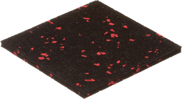 LOCAL PICKUP: 3/8" Kodiak Rolled Rubber Flooring by Athletic Textiles, black with red specks, shown angled on white.