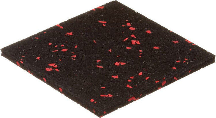 LOCAL PICKUP: 3/8" Kodiak Rolled Rubber Flooring by Athletic Textiles, black with red specks, shown angled on white.
