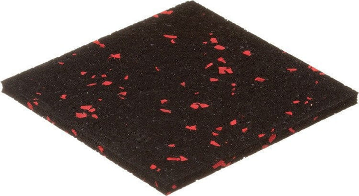 The 1/2" (12mm) Kodiak Commercial Grade Rolled Rubber Flooring is a square black mat with scattered red specks and a textured surface, shown on a white background. It&