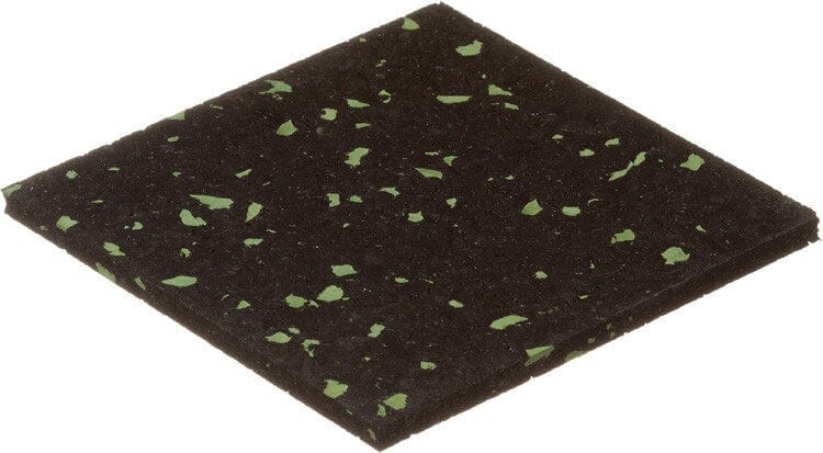 The 1/2" (12mm) Kodiak Commercial Grade Rolled Rubber Flooring is black with small, irregular green specks, shown on a white background—ideal for gym or weight room flooring.