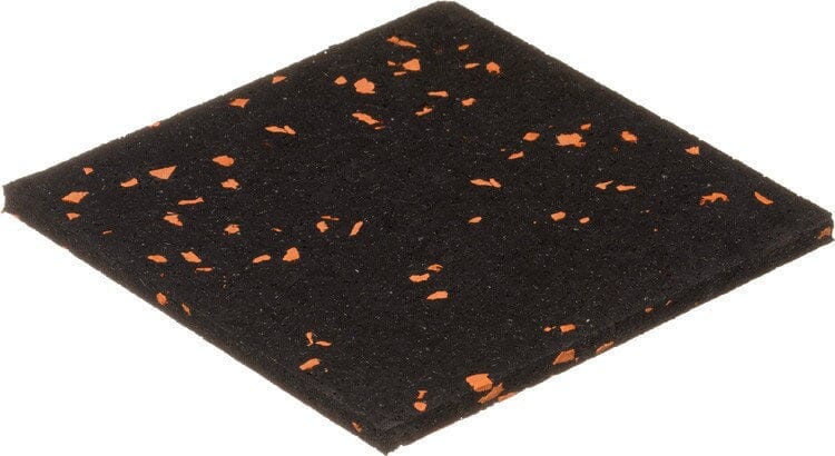 The 1/2" (12mm) Kodiak Commercial Grade Rolled Rubber Flooring is a square black mat with small orange specks. Shown on a white background, it&
