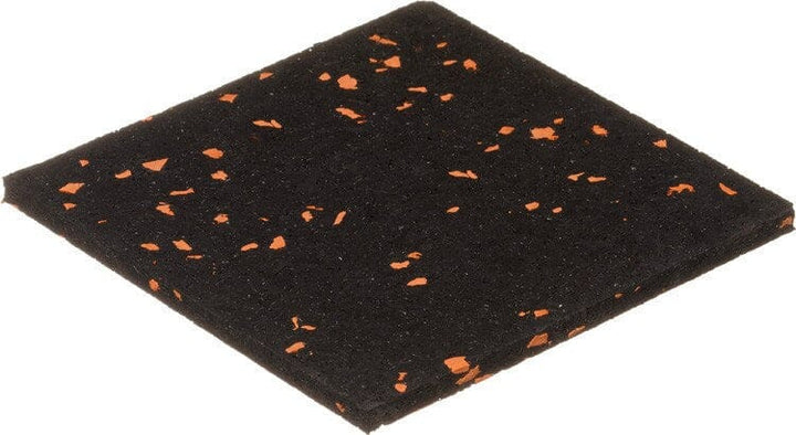 The 1/2" (12mm) Kodiak Commercial Grade Rolled Rubber Flooring is a square black mat with small orange specks. Shown on a white background, it&