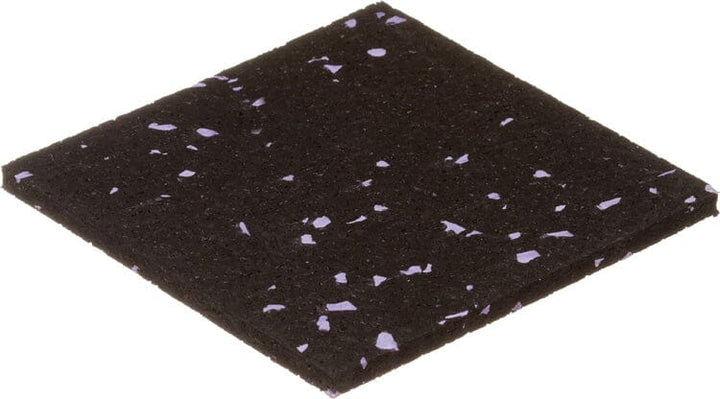 A black 3/8" Kodiak rolled rubber mat by Athletic Textiles with small purple flecks, shown on white.