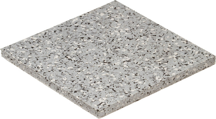 The 1/2" (12mm) Kodiak Commercial Grade Rolled Rubber Flooring features a speckled gray terrazzo pattern—ideal for gym flooring—displayed flat and square, viewed from an angle against a white background.