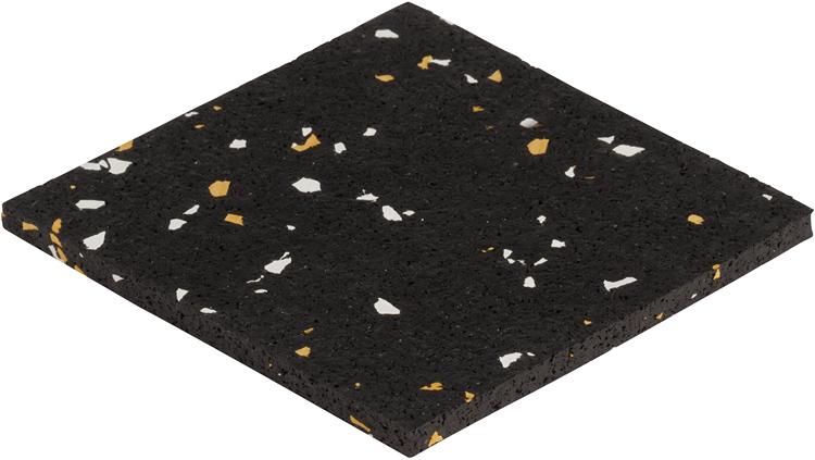The 5/16" (8mm) Kodiak Commercial Grade Rolled Rubber Flooring features a square black mat with white and yellow speckles, ideal for gym flooring or fitness spaces, shown angled on a white background.
