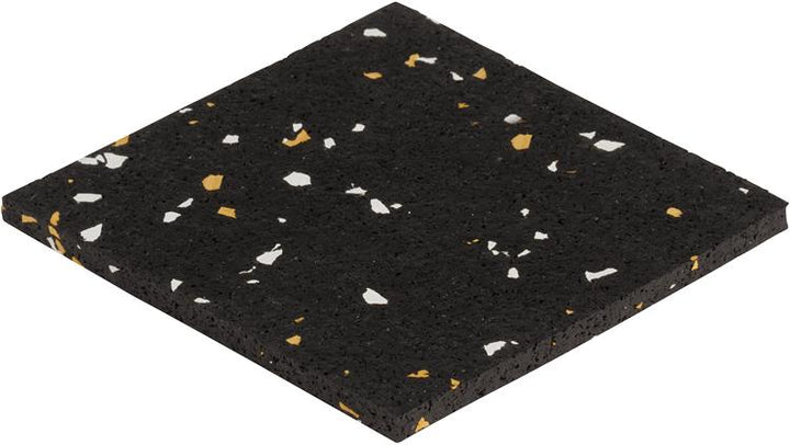 The 5/16" (8mm) Kodiak Commercial Grade Rolled Rubber Flooring features a square black mat with white and yellow speckles, ideal for gym flooring or fitness spaces, shown angled on a white background.