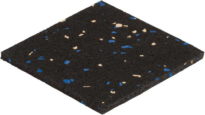 The 5/16" (8mm) Kodiak Commercial Grade Rolled Rubber Flooring is a durable black mat with blue and beige specks, shown on a white background. Its flat surface makes it ideal for gym or workout spaces.