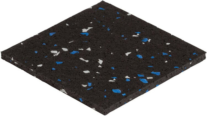 Athletic Textiles 3/4" Kodiak Rubber Flooring, black with blue/white specks, shown angled on white background.