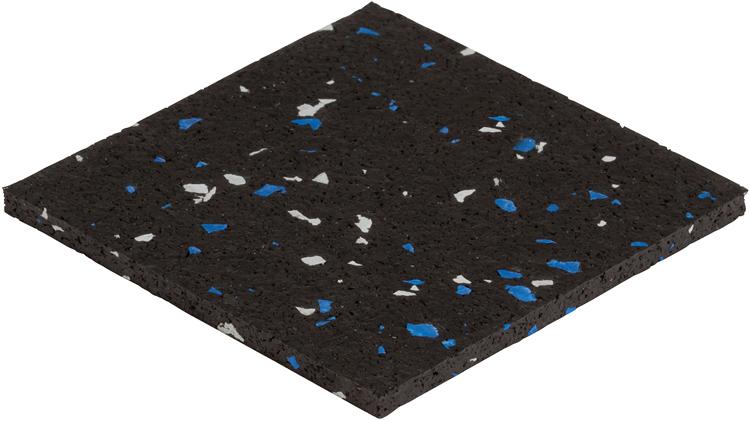 The 5/16" (8mm) Kodiak Commercial Grade Rolled Rubber Flooring, in black with blue and white specks, is shown from an angled view on a white background.