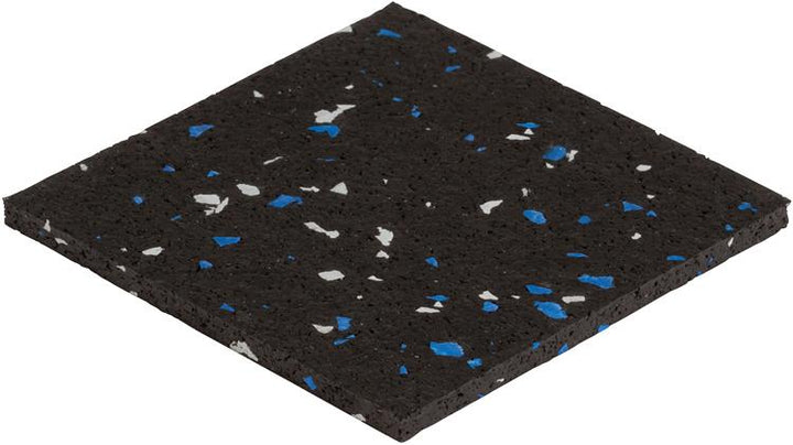 The 5/16" (8mm) Kodiak Commercial Grade Rolled Rubber Flooring, in black with blue and white specks, is shown from an angled view on a white background.