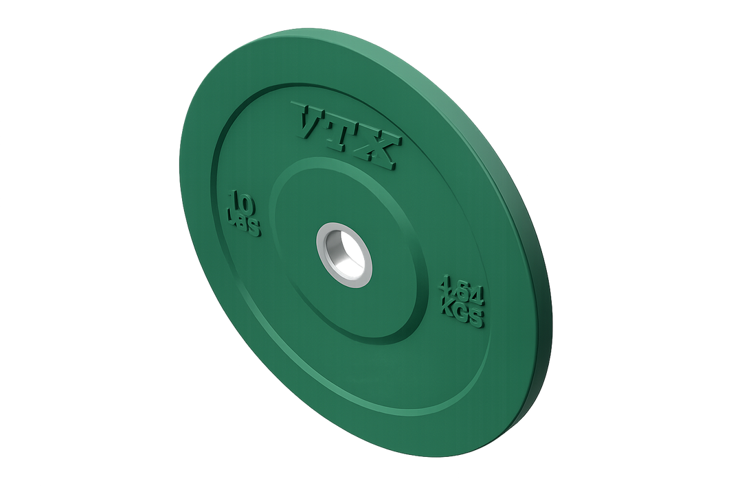 Green 10 kg Troy VTX Color Bumper Plate by Troy Barbell, angled on white background, perfect for Olympic training.