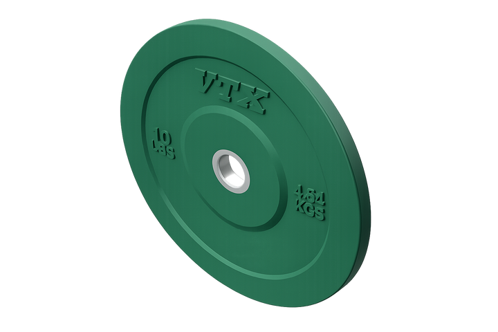 Green 10 kg Troy VTX Color Bumper Plate by Troy Barbell, angled on white background, perfect for Olympic training.
