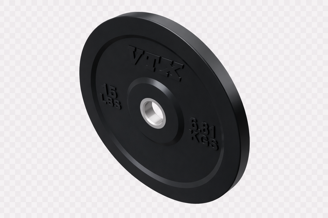 Troy VTX Color Bumper Plate, 15LB/6.81KG, solid rubber with silver center by Troy Barbell on transparent background.