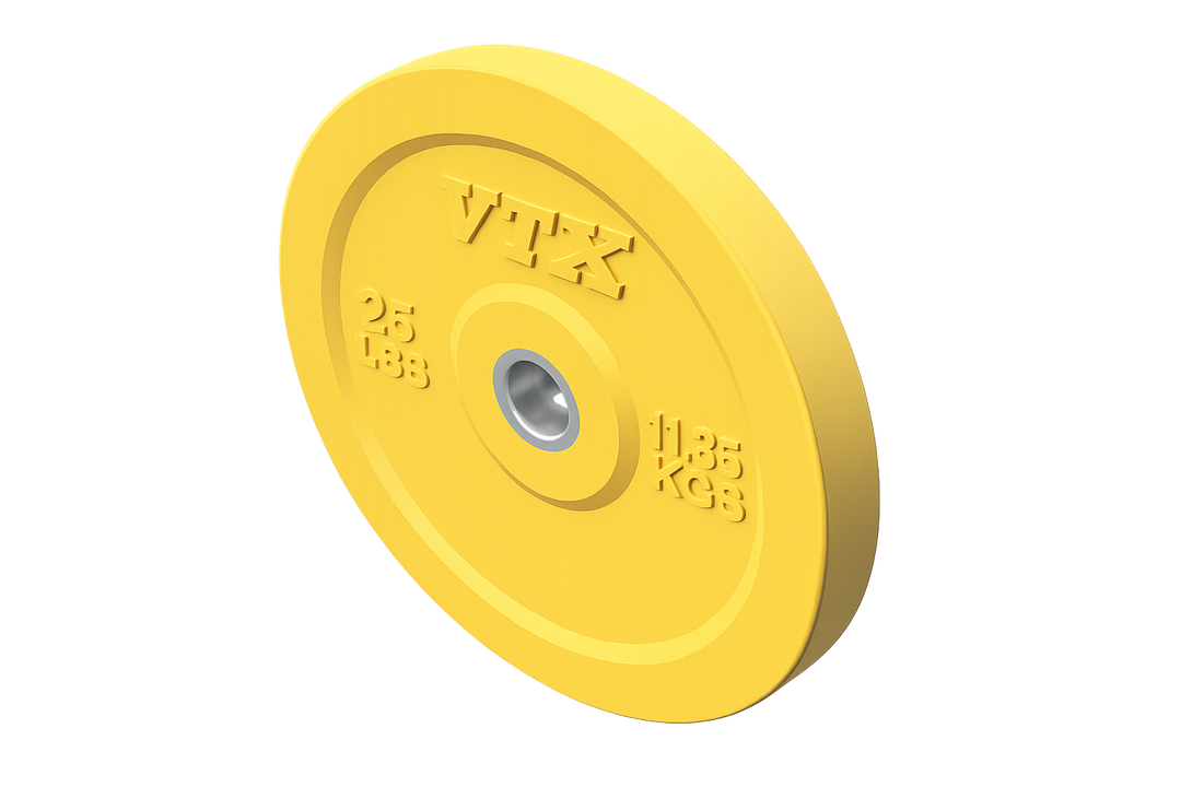 Yellow 2.5 kg Troy VTX Color Bumper Plate by Troy Barbell, solid rubber with metal center, perfect for Olympic training.