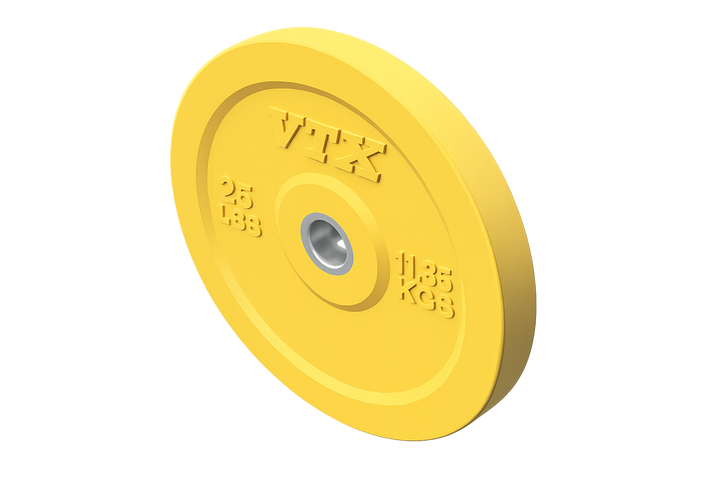 Yellow 2.5 kg Troy VTX Color Bumper Plate by Troy Barbell, solid rubber with metal center, perfect for Olympic training.
