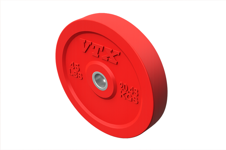 Troy VTX Color Bumper Plate by Troy Barbell, 45 lbs/20.45 kg, solid rubber, ideal for Olympic training, white background.