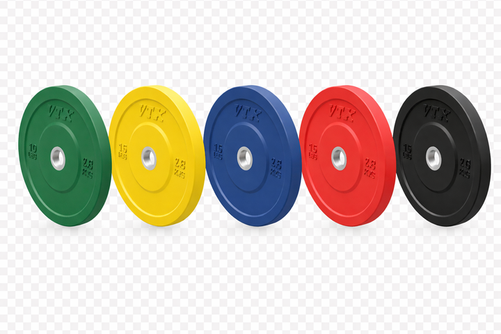 Five Troy VTX Color Bumper Plates by Troy Barbell stand upright in a row on a transparent background.