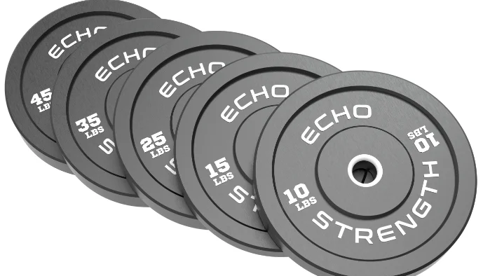 Set of Echo Strength weight plates on a white background