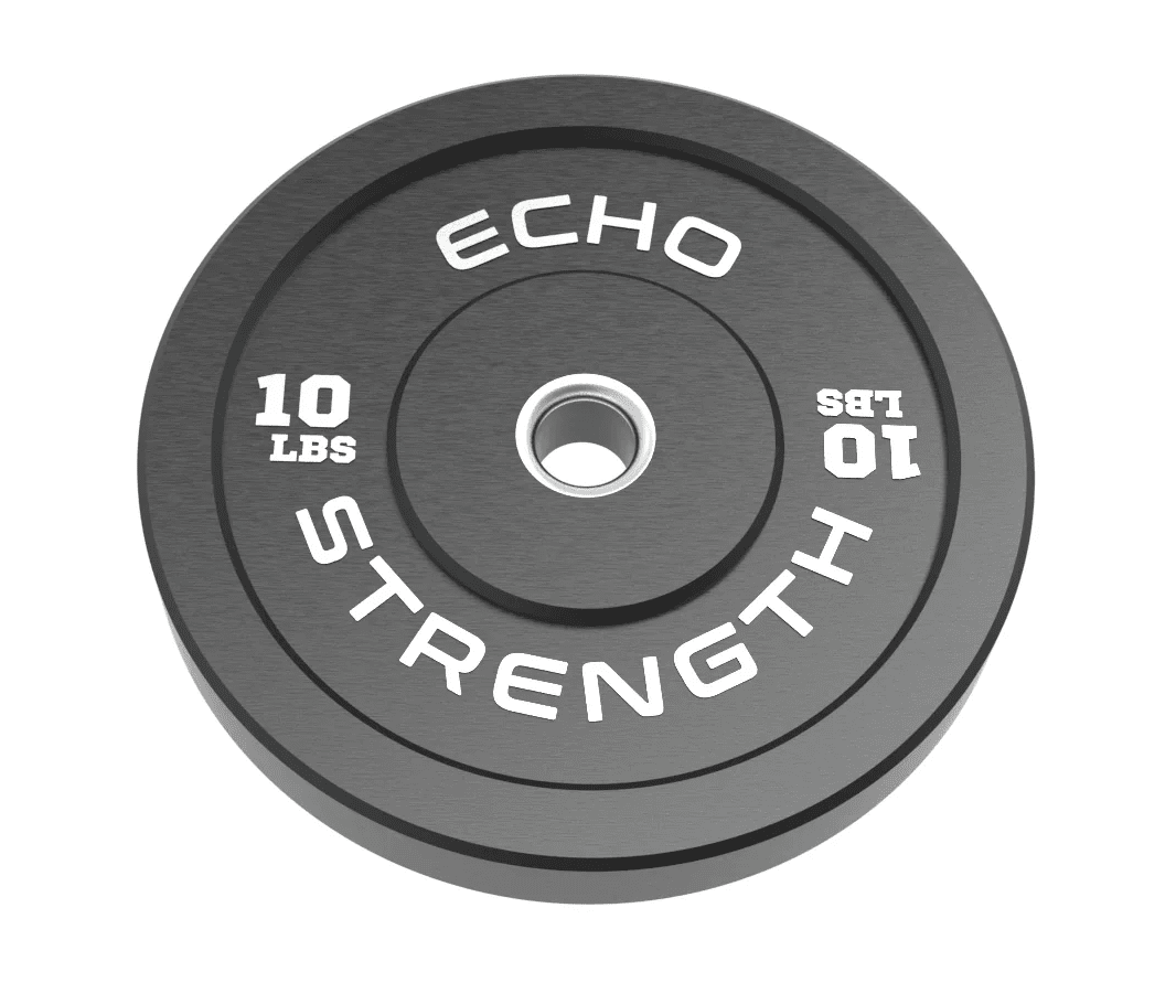 Echo’s Kodiak Echo Rubber Sports Bumper, black, 10 lbs, features white text and an Olympic-sized central hole.