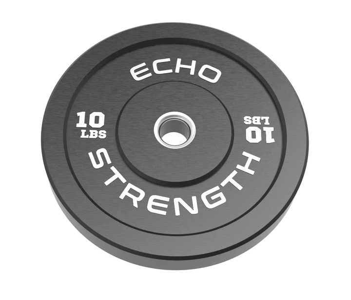 Echo’s Kodiak Echo Rubber Sports Bumper, black, 10 lbs, features white text and an Olympic-sized central hole.
