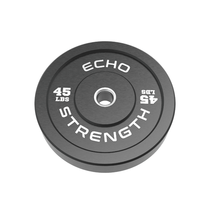 Black Kodiak Echo Rubber Sports Bumper, 45 lbs, by Echo, features white text and a central Olympic lifting hole.