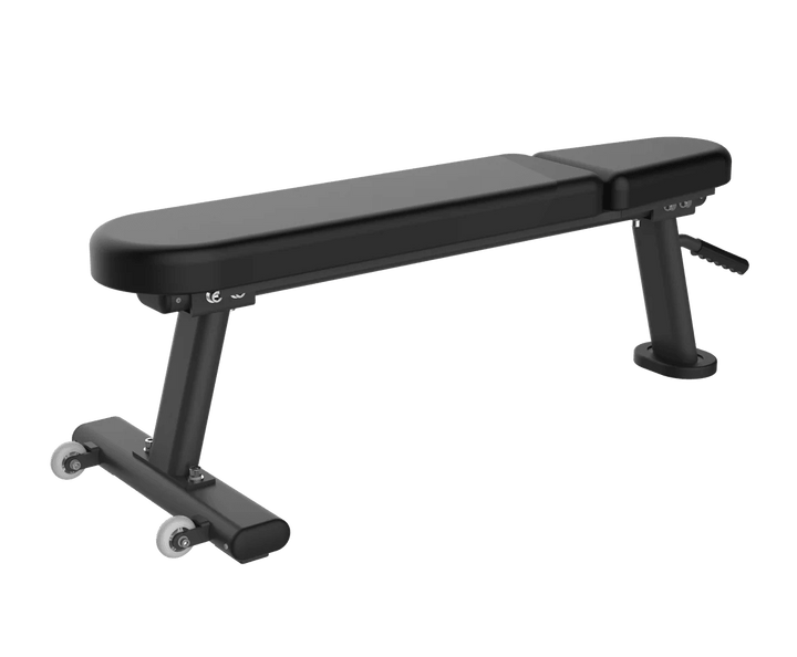 Echo Kodiak Echo Commercial Flat Bench 32005 with padded top, metal frame, and wheels on a white background.