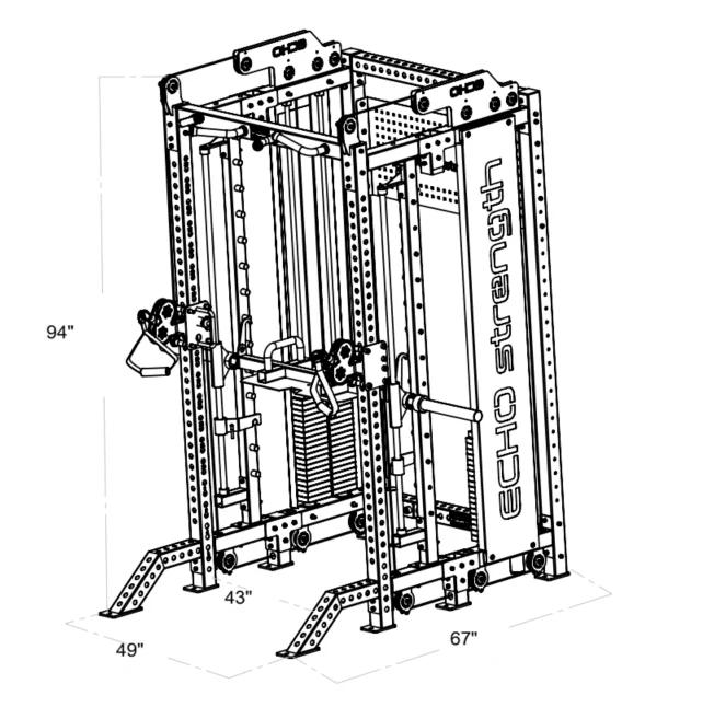 Black and white diagram of the Echo Kodiak Echo Half Rack Functional Trainer 51003 with labeled dimensions and pulleys.