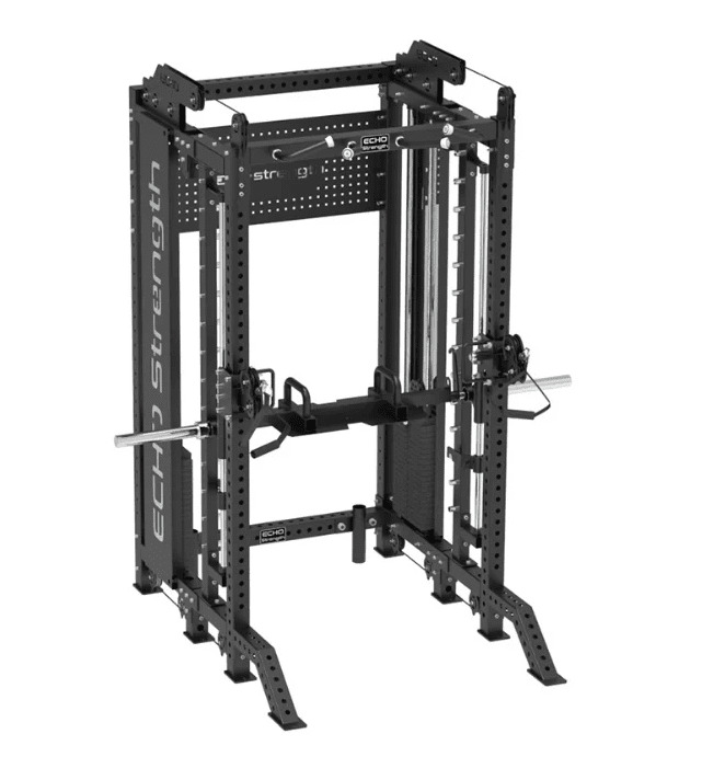 The Echo Kodiak Half Rack Functional Trainer 51003 offers adjustable supports and safety arms for strength training.