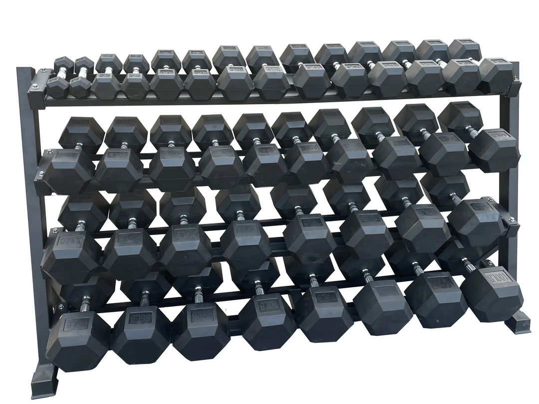 Stack of black hexagonal dumbbells on a metal rack against a white background