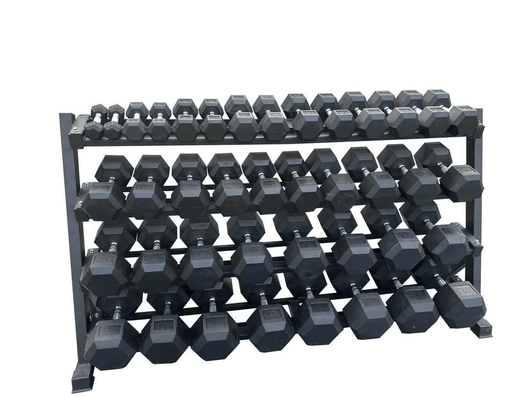 5-100 set of black hexagonal echo strength dumbbells on a metal rack against a white background