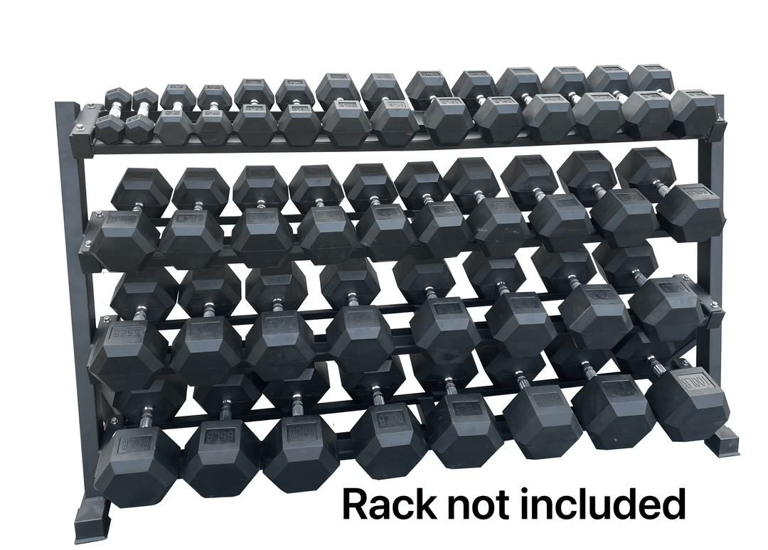 5-50 Set of black hexagonal dumbbells on a metal rack with &