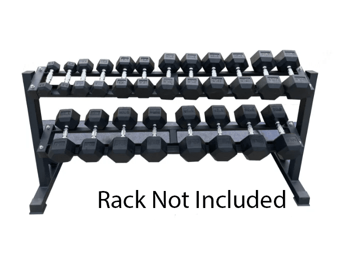 5-50 Set of black echo strength hexagonal dumbbells on a metal stand with 'Rack Not Included' text.