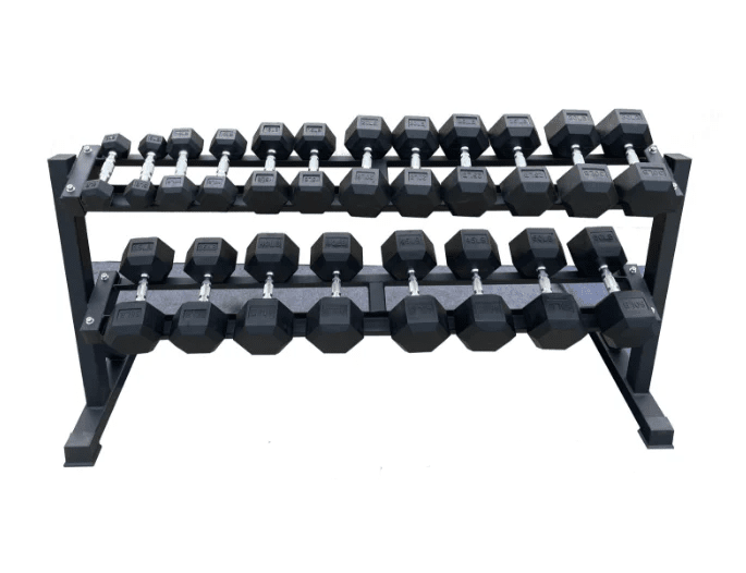 5-50 Black hexagonal dumbbells on a metal rack on a white background