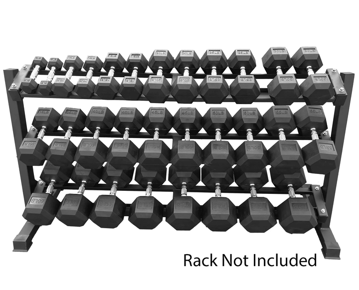 5-75 Set of hexagonal echo strength dumbbells on a metal rack with &