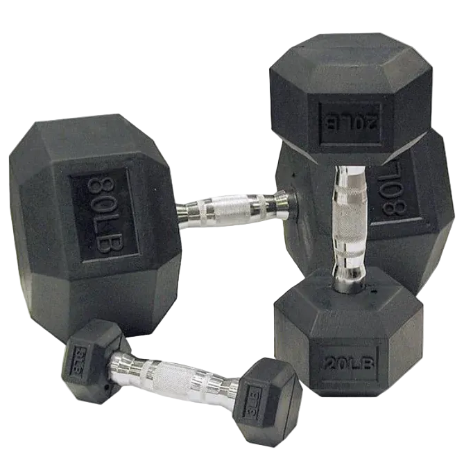 Three Echo Kodiak Hex Dumbbells – Individual Pairs, 80 LB and 20 LB, rubber-coated, on a white background.