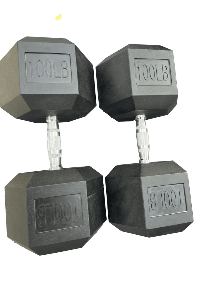 Pair of black dumbbells labeled &