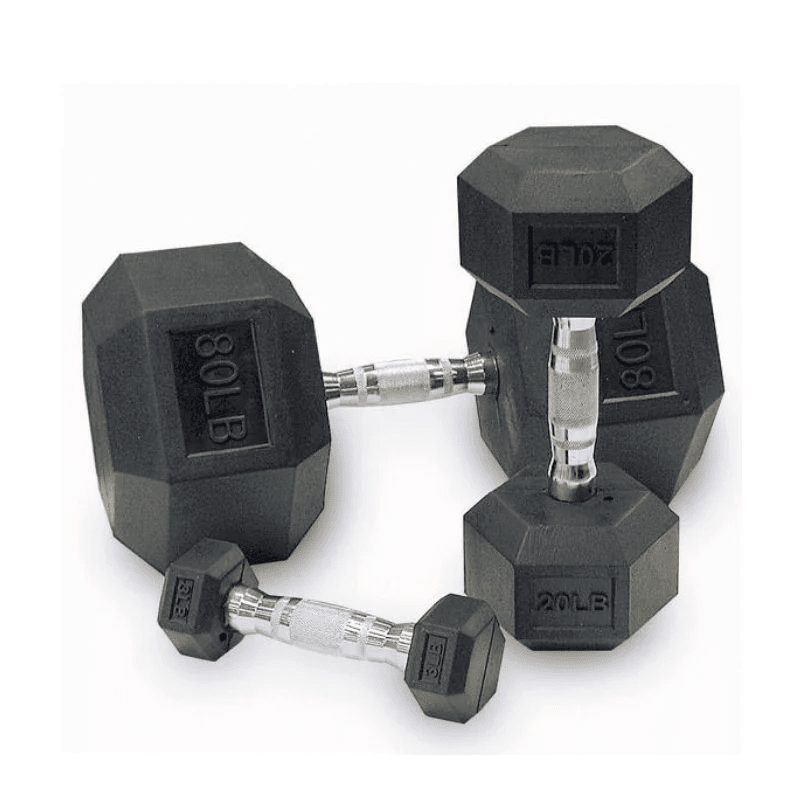 Pair of black hexagonal dumbbells with weights on a white background