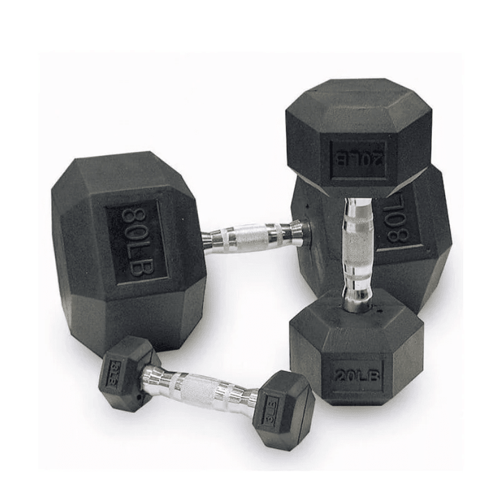 Pair of black hexagonal dumbbells with weights on a white background