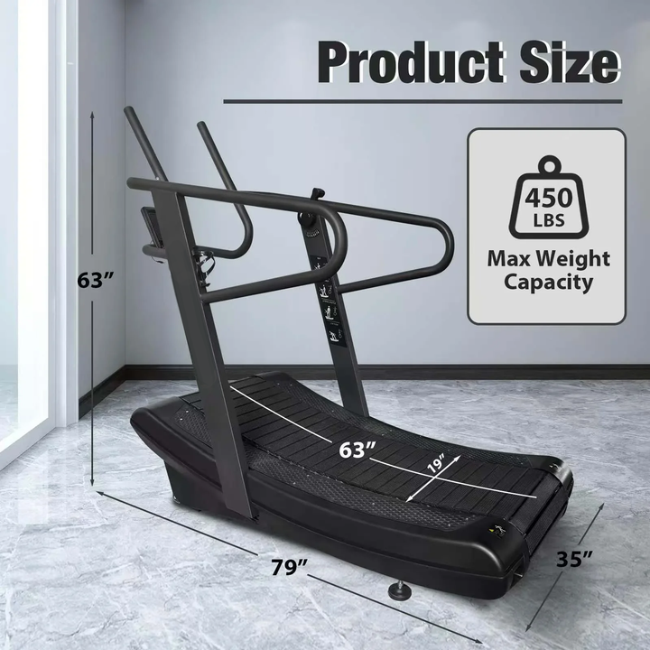 Echo Kodiak Echo Commercial Curved Treadmill 02001, self-powered, black, 79x35x63", 450lb capacity, with handrails.