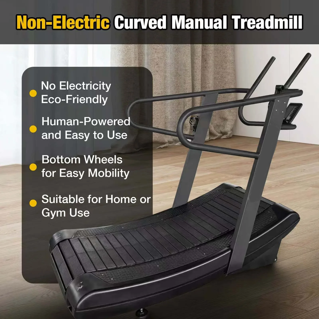 The Echo Kodiak Echo Commercial Curved Treadmill 02001 is a non-electric, eco-friendly treadmill with handlebars.