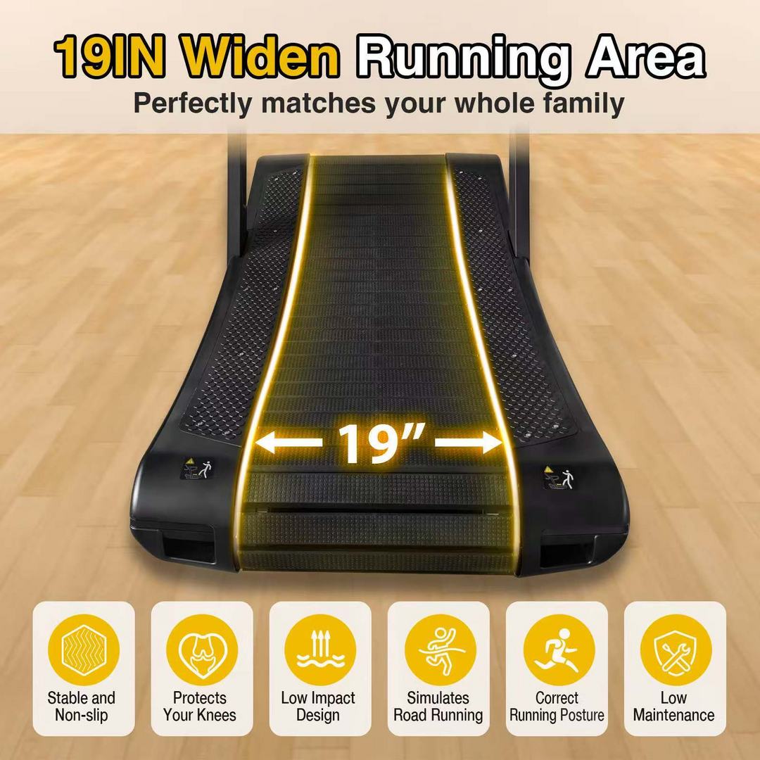 Top view of the Echo Kodiak Echo Commercial Curved Treadmill 02001, 19-inch running area highlighted; six feature icons below.