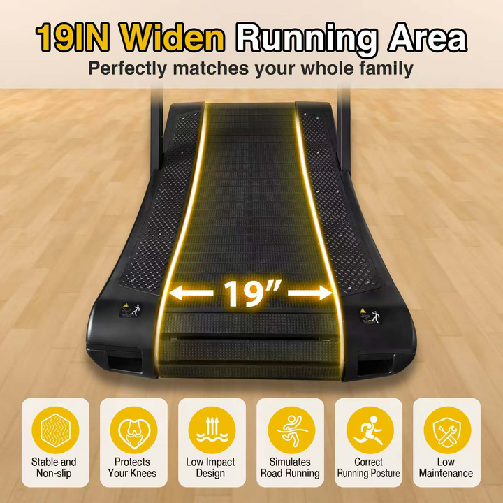 Top view of the Echo Kodiak Echo Commercial Curved Treadmill 02001, 19-inch running area highlighted; six feature icons below.
