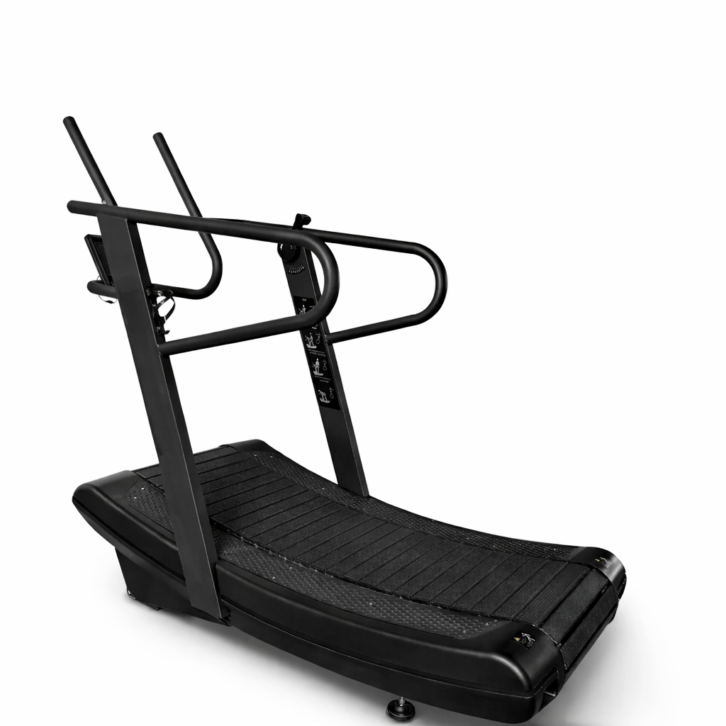 Echo Kodiak Echo Commercial Curved Treadmill 02001, black and curved with side handles, shown on a white background.
